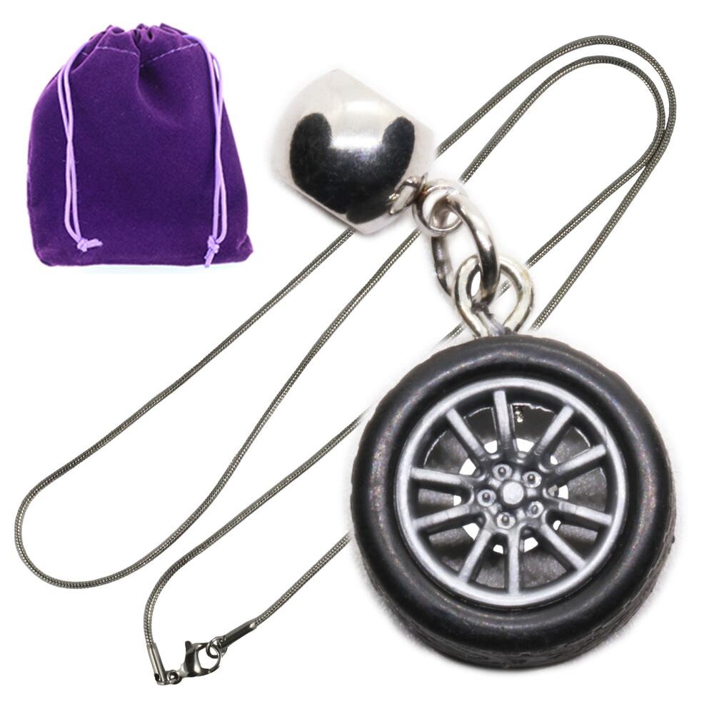 One Wheel Tire Black Racing Wheel Pendant Necklace Silver Tone Chain Auto Lover